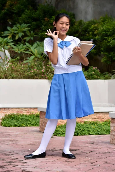 Εντάξει Νεανικό κορίτσι μαθήτρια με σχολικά βιβλία — Φωτογραφία Αρχείου