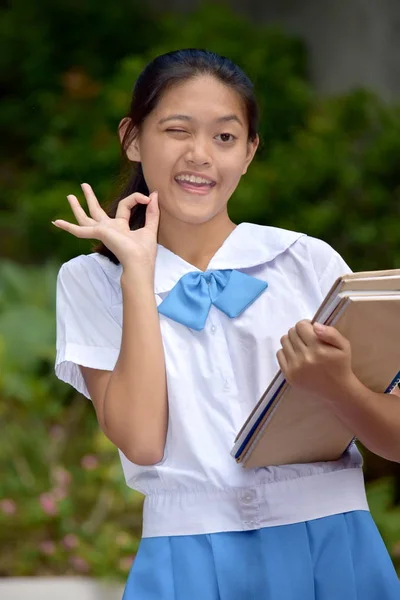 Estudiante adolescente escuela chica y bien signo — Foto de Stock