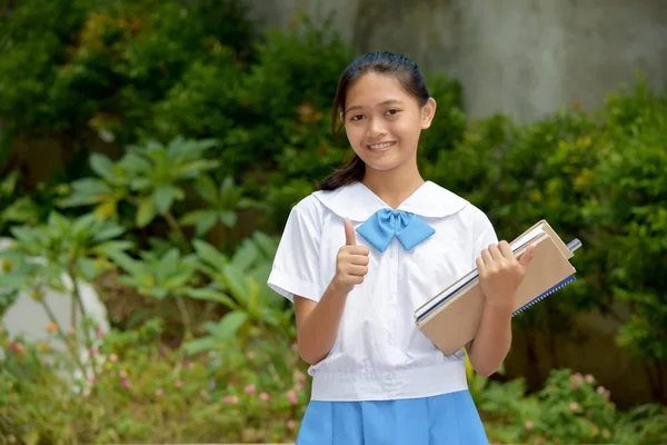 Youthful Student Teenager School Girl With Thumbs Up With School Books — Stock Photo, Image