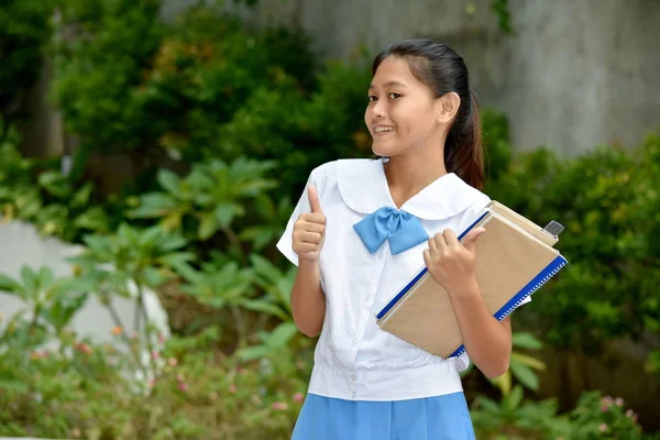 Estudante da menina bonita e felicidade com livros escolares — Fotografia de Stock