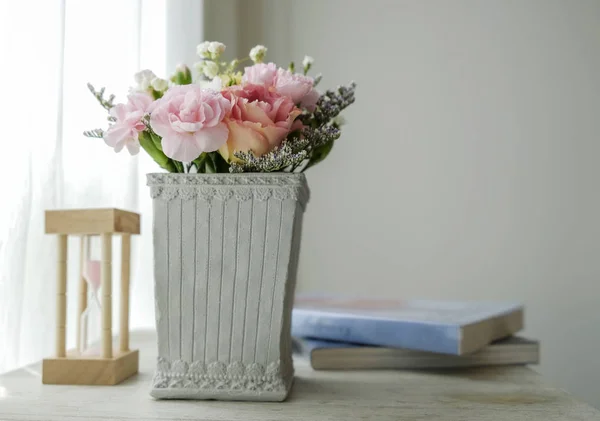 Carnation Flower Cement Pot Vintage Cabinet Bedroom — Stock Photo, Image