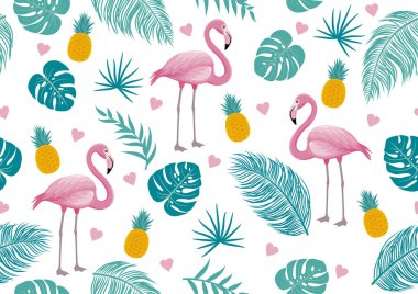Flamingo ve tropikal yaz Dikişsiz desen vektör çizim bırakır
