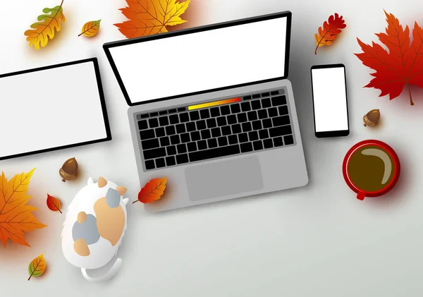 テーブルのベクトル図に秋の葉を持つワークスペースのラップトップ コンピューターのデジタル タブレットとスマート フォンの秋のコンセプト — ストックベクタ