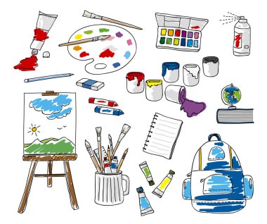 Doodle okul kırtasiye beyaz arka plan vektör çizim ayarla