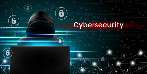 Koncepcja Bezpieczeństwa Cybernetycznego Hacker Ikona Technologii Projektowania Tła Pomocą Komputera — Wektor stockowy
