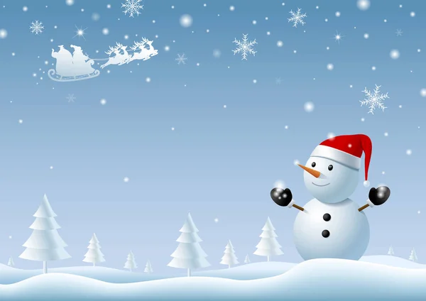 Снеговик Рассматривает Предложение Санты Зимнем Рождественском Фоне Векторной Иллюстрации — стоковый вектор