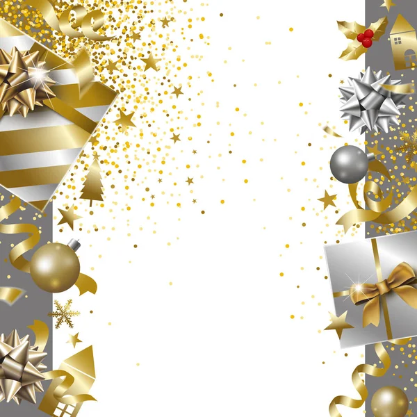 圣诞快乐 新年快乐 豪华礼品盒横幅设计 带丝带下降背景向量插图 — 图库矢量图片