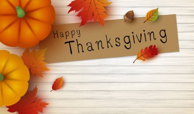 Şükran günü tasarım kabak ve akçaağaç ahşap beyaz kopya alanı vektör çizim ile yaprak