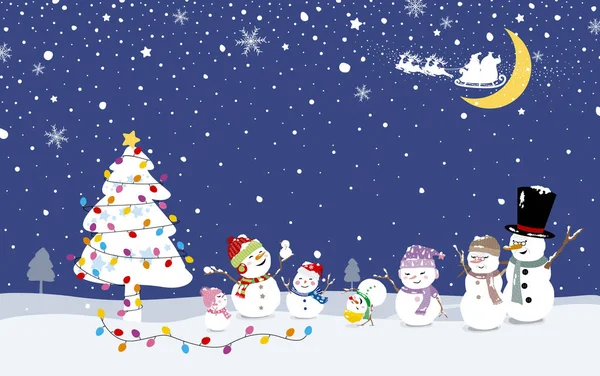 Projeto Cartão Natal Família Boneco Neve Com Árvore Xmas Inverno — Vetor de Stock