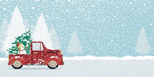 크리스마스 트리와 일러스트 빈티지 자동차 트럭에 귀여운 눈사람의 크리스마스 디자인 — 스톡 벡터