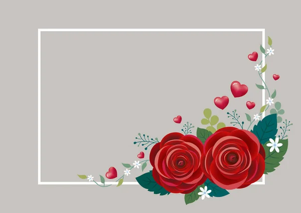 Rosa Blommor Med Hjärtan Och Vita Ramkonstruktion För Alla Hjärtans — Stock vektor