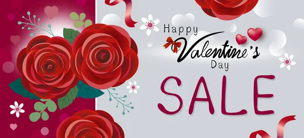 Happy Valentine Day Sale Design Fleurs Roses Rouges Illustration Vectorielle — Image vectorielle