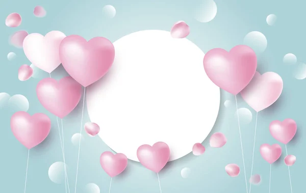 爱横幅概念设计心脏气球与玫瑰花瓣落在蓝色背景向量例证 — 图库矢量图片