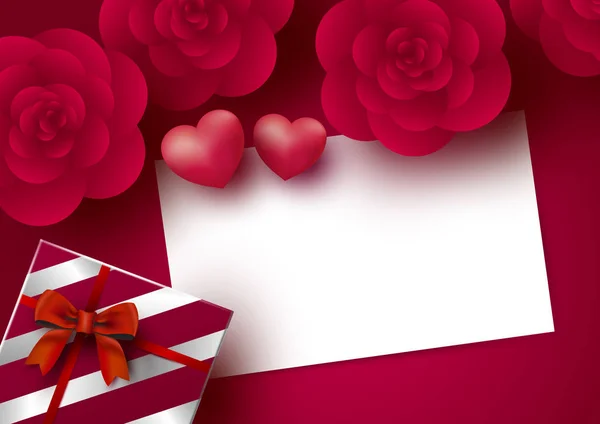 Rosenblüten Und Weiße Papierkarte Mit Herz Auf Rotem Hintergrund Für — Stockvektor