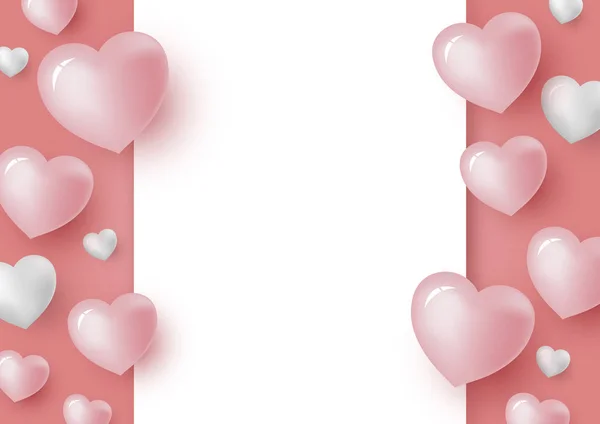 Cuori 3d e carta bianca vuota su sfondo color corallo per San Valentino e scheda di nozze vettoriale illustrazione — Vettoriale Stock