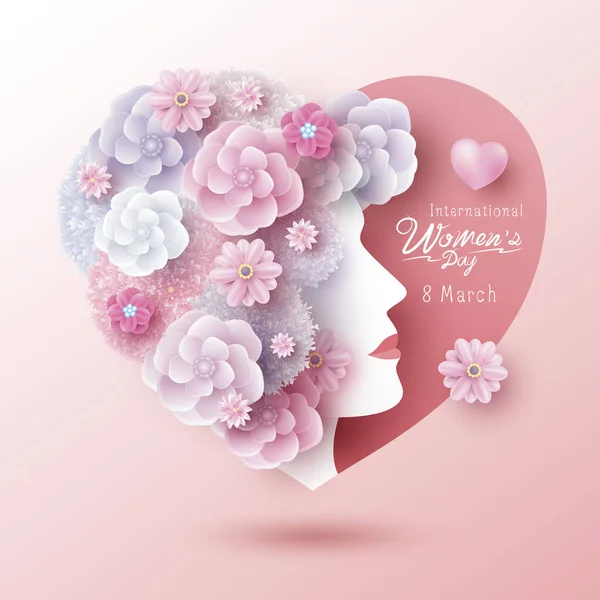 März Internationaler Frauentag Konzeption Von Frau Und Blumen Herzform Vektor — Stockvektor