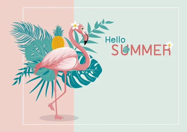 Sommer Banner Design Von Flamingo Und Tropischen Blättern Mit Copy — Stockvektor