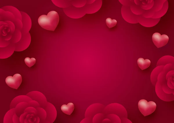 Roze Bloemen Harten Rode Achtergrond Voor Valentijnsdag Vectorillustratie — Stockvector