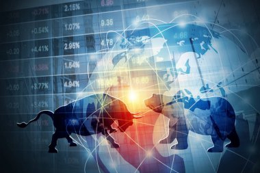 Borsa arka plan konsept tasarımı ayı ve boğa küresel ağ ile