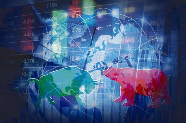 Borsa arka plan konsept tasarımı ayı ve boğa küresel ağ ile