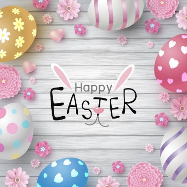 Paskalya günü tasarım yumurta ve üzerinde beyaz ahşap doku arka plan vektör çizim çiçek