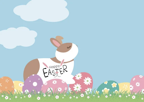 Çimen vektör illüstrasyon çiçekler ile tavşan ve yumurta Paskalya günü tasarımı — Stok Vektör