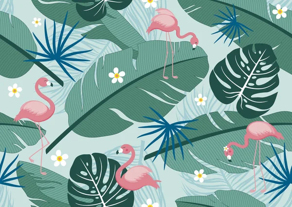Patrón inconsútil diseño de verano tropical de hojas y flamencos vector ilustración — Vector de stock