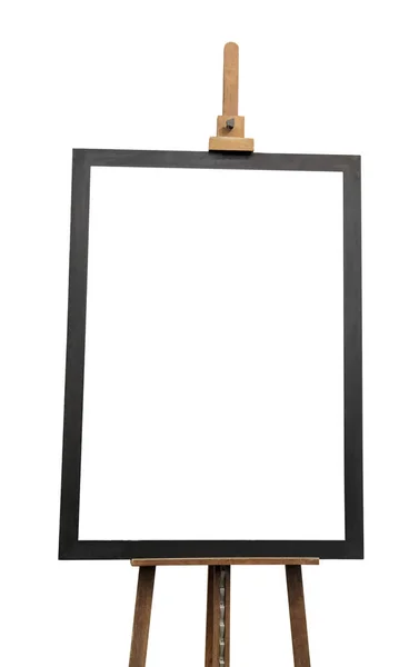 Easel e quadro de madeira preta isolado no fundo branco com caminho de recorte — Fotografia de Stock
