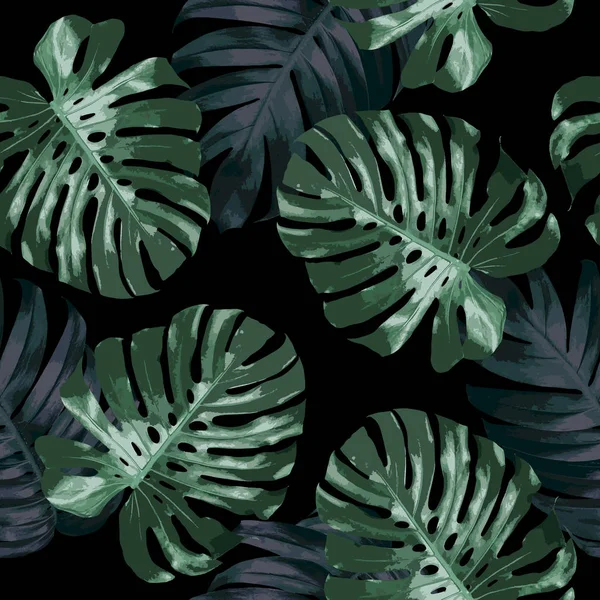 검은 배경 몬스터와 philodendron 식물 벡터 일러스트에 열대 잎의 원활한 패턴 디자인 — 스톡 벡터
