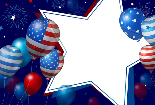 USA banner design di palloncini e carta bianca bianca stella con illustrazione vettoriale fuochi d'artificio — Vettoriale Stock