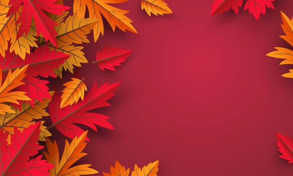 Autunno foglie su sfondo rosso disegno con copia spazio vettoriale illustrazione — Vettoriale Stock