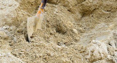 Kum kepçe ve kopya alanı ile şantiye kumlu yığını