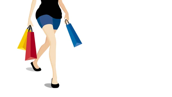 Женщина ходит с красочными пакетами покупок на белом фоне векторной иллюстрации — стоковый вектор