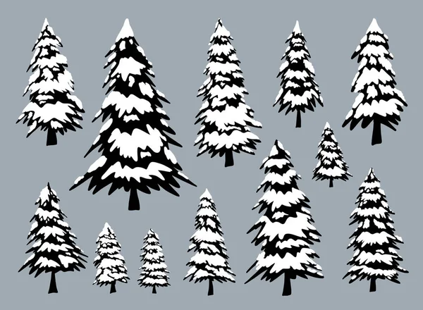 Dennenbomen met sneeuw in de winter vector illustratie — Stockvector