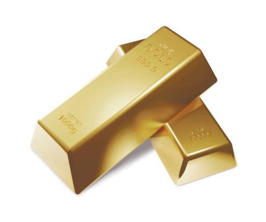 Beyaz arkaplanda izole edilmiş altın çubuklar 3B Render