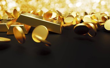 Bokeh ışığı 3B render ile düşen altın çubuklar ve sikkeler