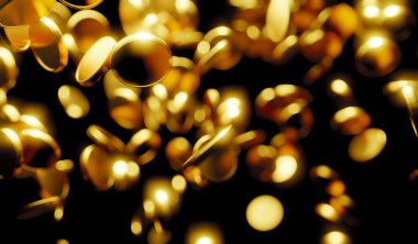 Siyah arkaplana düşen altın sikkeler 3B render