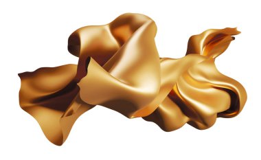 Rüzgarda uçan altın kumaş, beyaz arka planda izole edilmiş, 3 boyutlu.