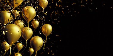 Siyah zemin üzerinde 3D kopyalama alanı olan altın balon ve folyo konfetisi