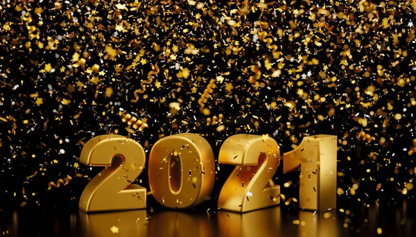 Mutlu yıllar 2021 ve siyah zemin üzerine düşen konfeti 3D