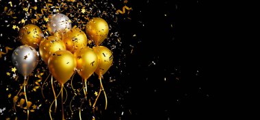 Folyo konfetisi siyah zemin üzerine düşen altın ve gümüş balon 3D render