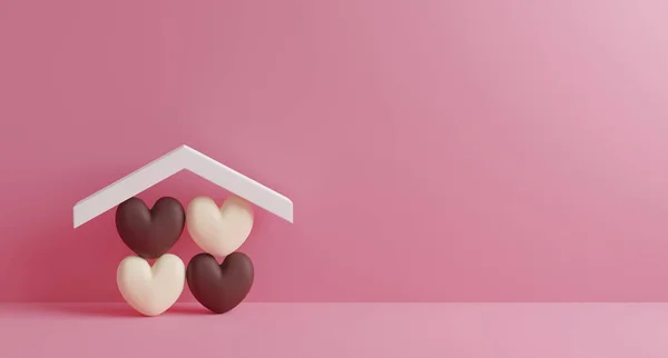 Home Sweet Home Design Chocolate Hearts House Pink Paper Background — Stock Photo, Image