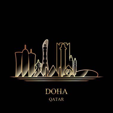 Siyah arkaplan vektörü illüstrasyonunda Doha 'nın altın silüeti