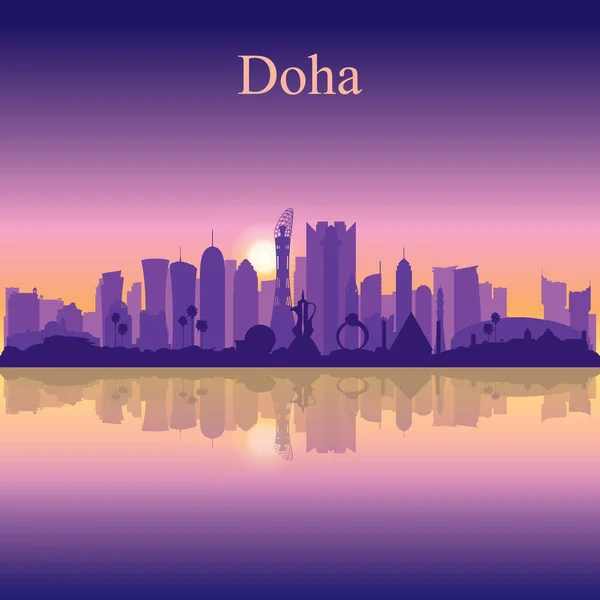 Doha Silueta Ciudad Ilustración Del Vector Fondo Puesta Del Sol — Vector de stock