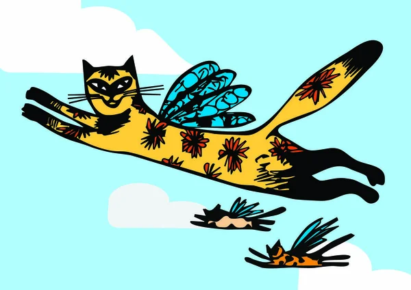 Кошки Крыльями Летят Голубом Небе — стоковый вектор