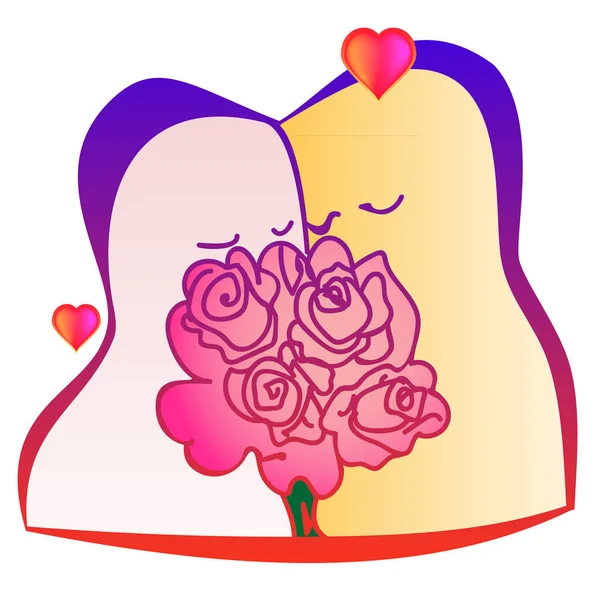 Îmbrățișarea Cuplu Față Față Buchet Flori — Vector de stoc