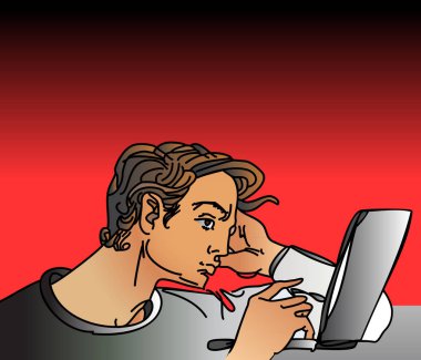 kırmızı bir arka plan üzerinde bir dizüstü bilgisayar ile adam