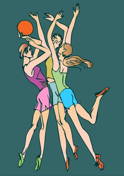 Esboço de três meninas jogando basquete —  Vetores de Stock