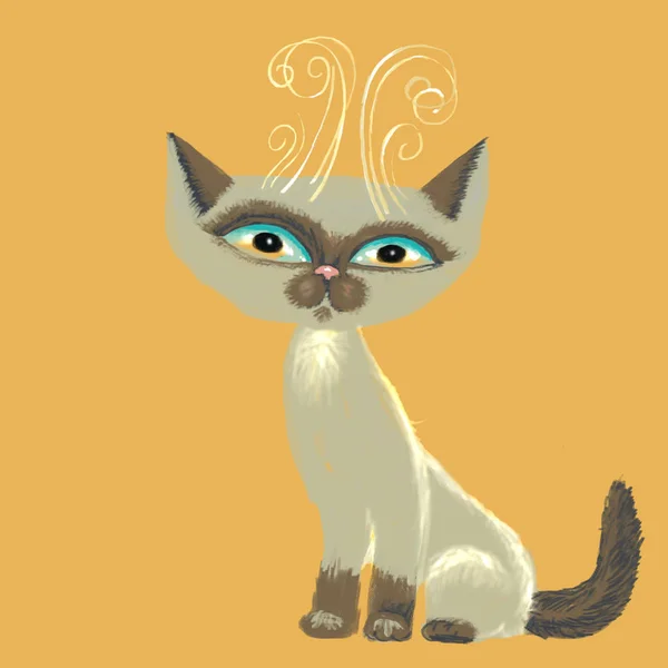 Rysunek Siedzącego Szarego Kotka Niebieskimi Oczami — Zdjęcie stockowe
