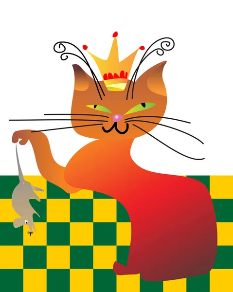 Gato Rojo Una Corona Piso Cuadros Con Ratón — Archivo Imágenes Vectoriales